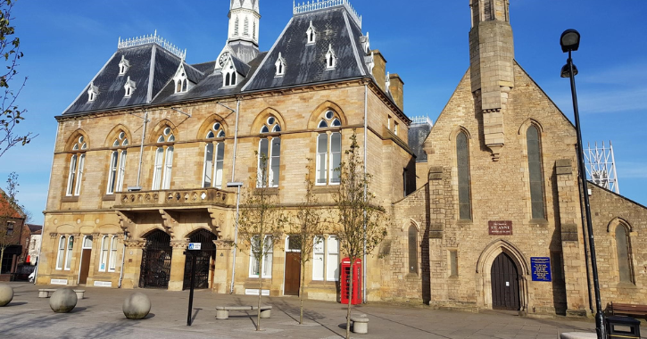 View of Bishop Auckland Town Hall.